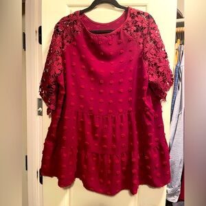 Elegant wine-colored Lace Sleeve Women's Top